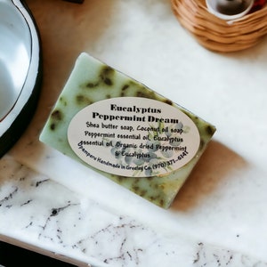 Eucalyptus Mint Dream Shea butter soap bar with Vitamin E essential oils herbs. UpamperU