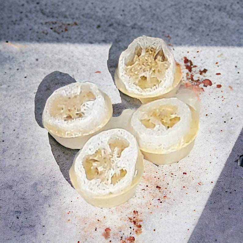 May include: Four circular soap bars arranged in a cluster, each featuring a light beige, fibrous loofah slice embedded within a translucent, pale yellow soap base. The soap pieces have a smooth, rounded edge and a textured, porous center.