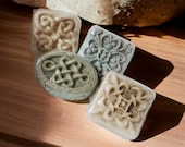 Celtic Knot or Fleur De Lis oatmeal milk & honey Soap with poppy seed, mint herb and peppermint essential oil UpamperU