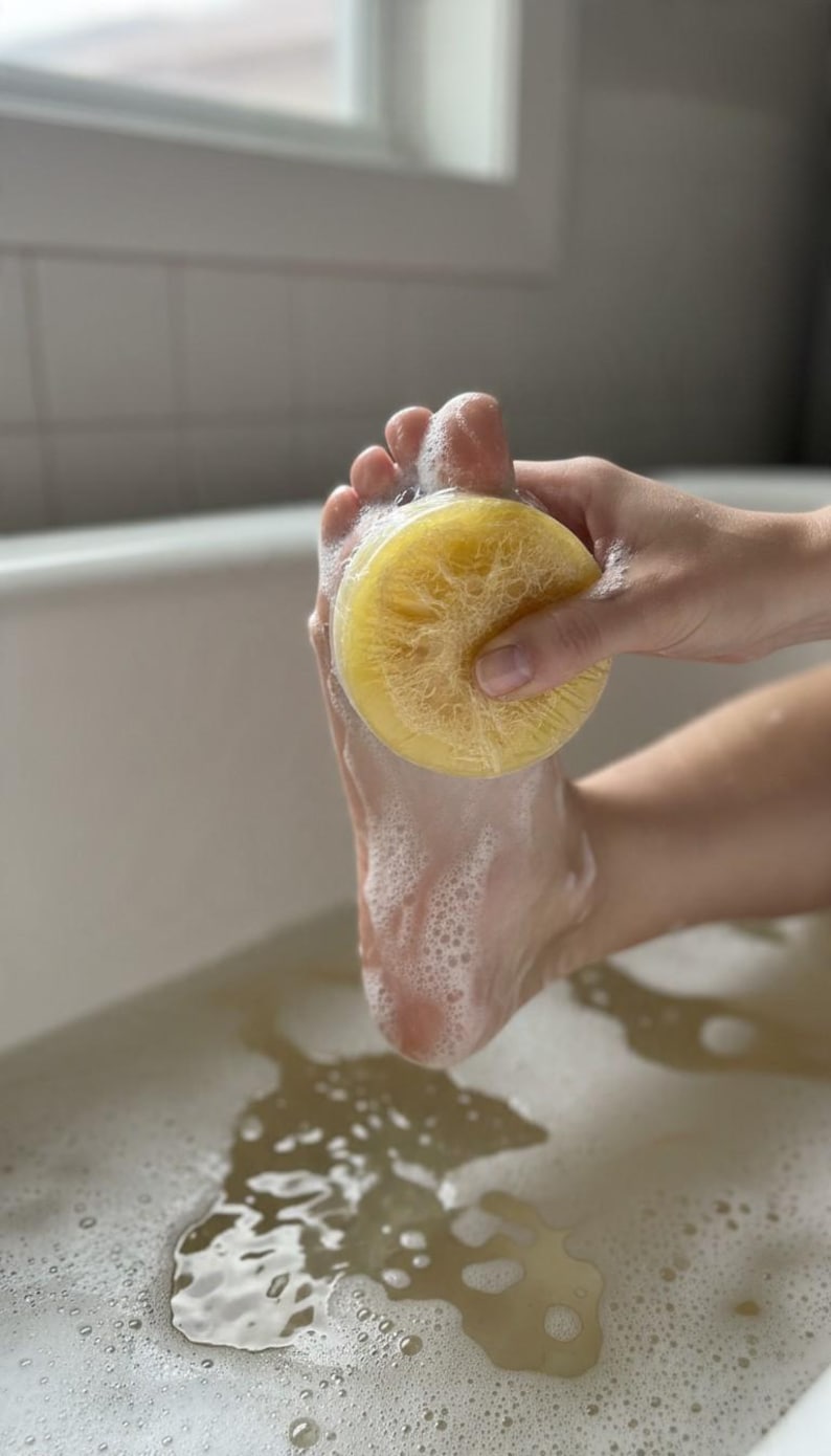 May include: A round, yellow, textured loofah sponge covered in white soap suds, being used to scrub the sole of a foot. The sponge has a fibrous, porous surface and is held firmly against the skin, creating a lather of bubbles.
