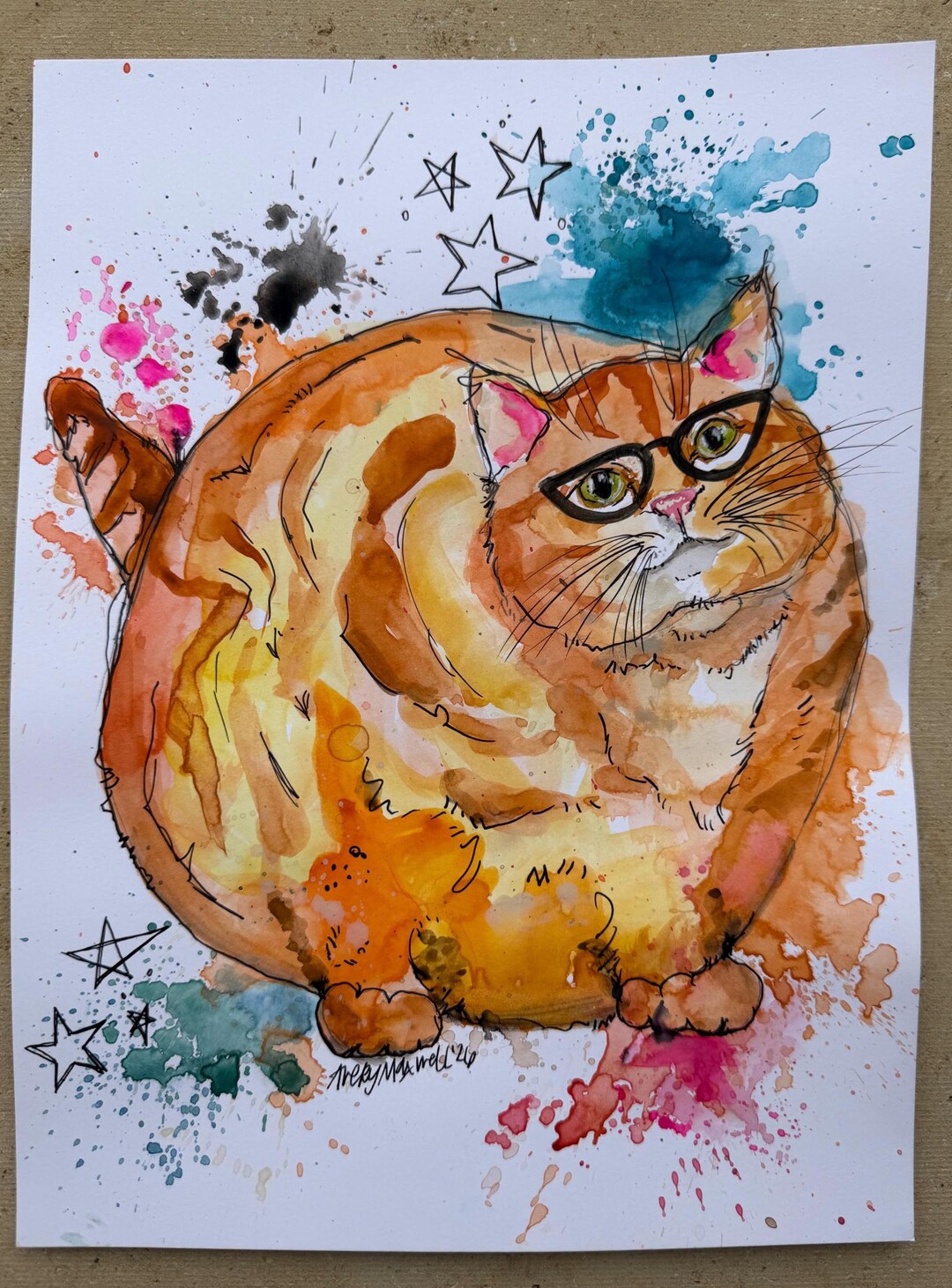 Fat Cat Watercolor Painting, Playful Pet Illustration, 9x12 Inches - Etsy