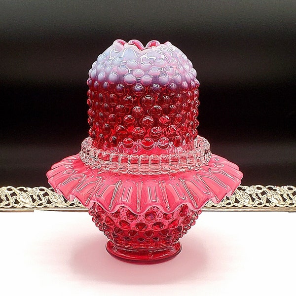 FENTON glass fairy light hobnail red double tealight 3 piece ruffled skirt mint sticker never used embossed Fenton seal on bottom