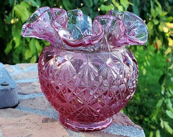 Fenton Art Glass Cranberry Ruffled Top Vase with cut and block pattern embossed on bottom!