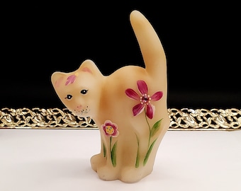 FENTON sunshine kitty ring holder with hand painted daisy beautiful scaredy cat signed by artist sticker mint!