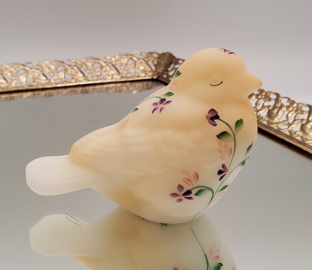 FENTON Glass Bird Yellow Burmese Canary Puffed up Feathers With Little Purple Flowers All Around