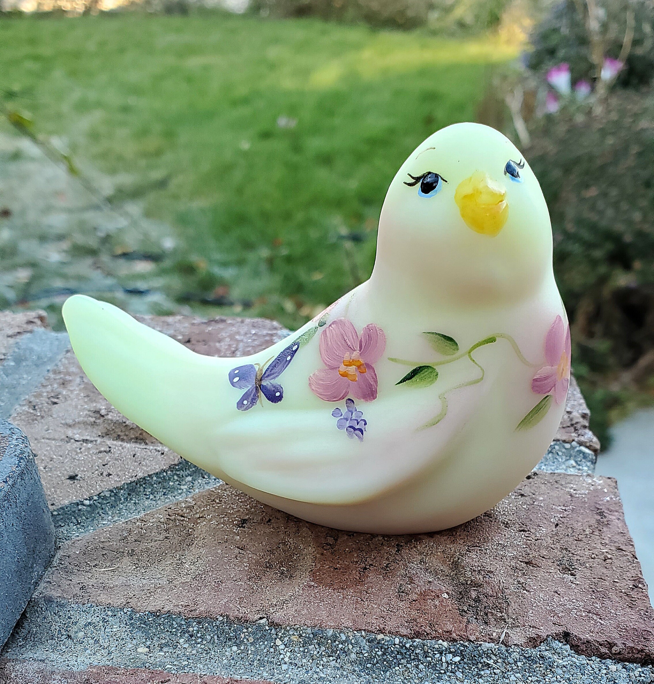 Fenton Hand Painted Louise Piper Sample Glass Bell Yellow Birds