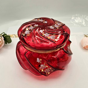 FENTON red puff box candy dish 795 out of 2000 limited edition signed by artist hand painted absolutely stunning wave lidded bowl mint image 1