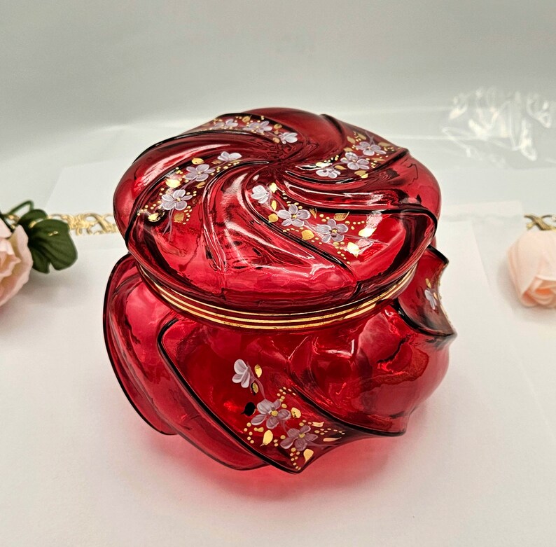 FENTON red puff box candy dish 795 out of 2000 limited edition signed by artist hand painted absolutely stunning wave lidded bowl mint image 1