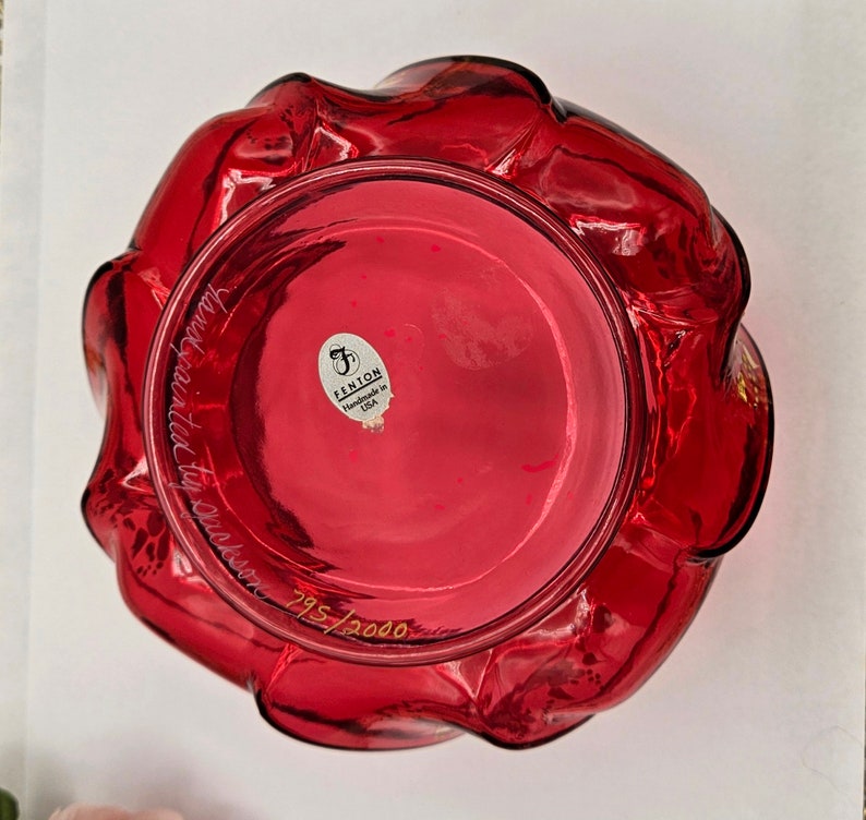 FENTON red puff box candy dish 795 out of 2000 limited edition signed by artist hand painted absolutely stunning wave lidded bowl mint image 6