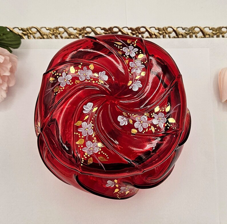 FENTON red puff box candy dish 795 out of 2000 limited edition signed by artist hand painted absolutely stunning wave lidded bowl mint image 3