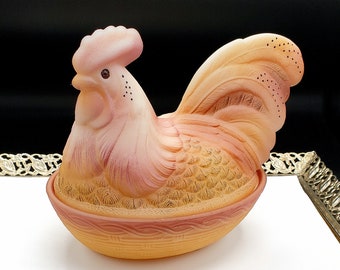 FENTON rooster candy dish on nest folk art hand painted signed by artist with sticker large beautiful w/box tags!