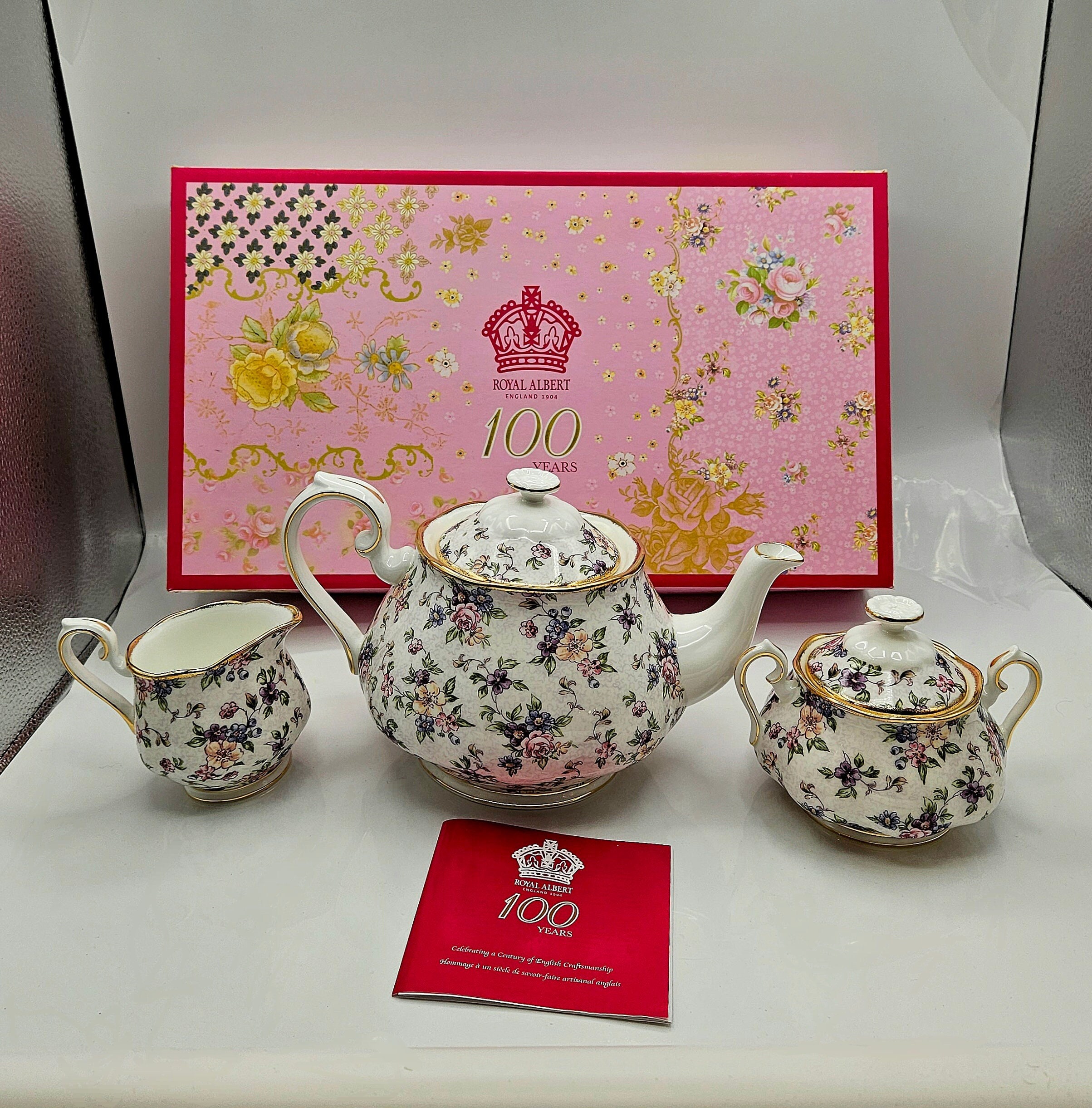 Royal Albert Fine China 100 Year Anniversary 1940 English Chintz Floral Design 22 Carat Gold Accents Teapot Sugar and Creamer NIB Ships Free Etsy