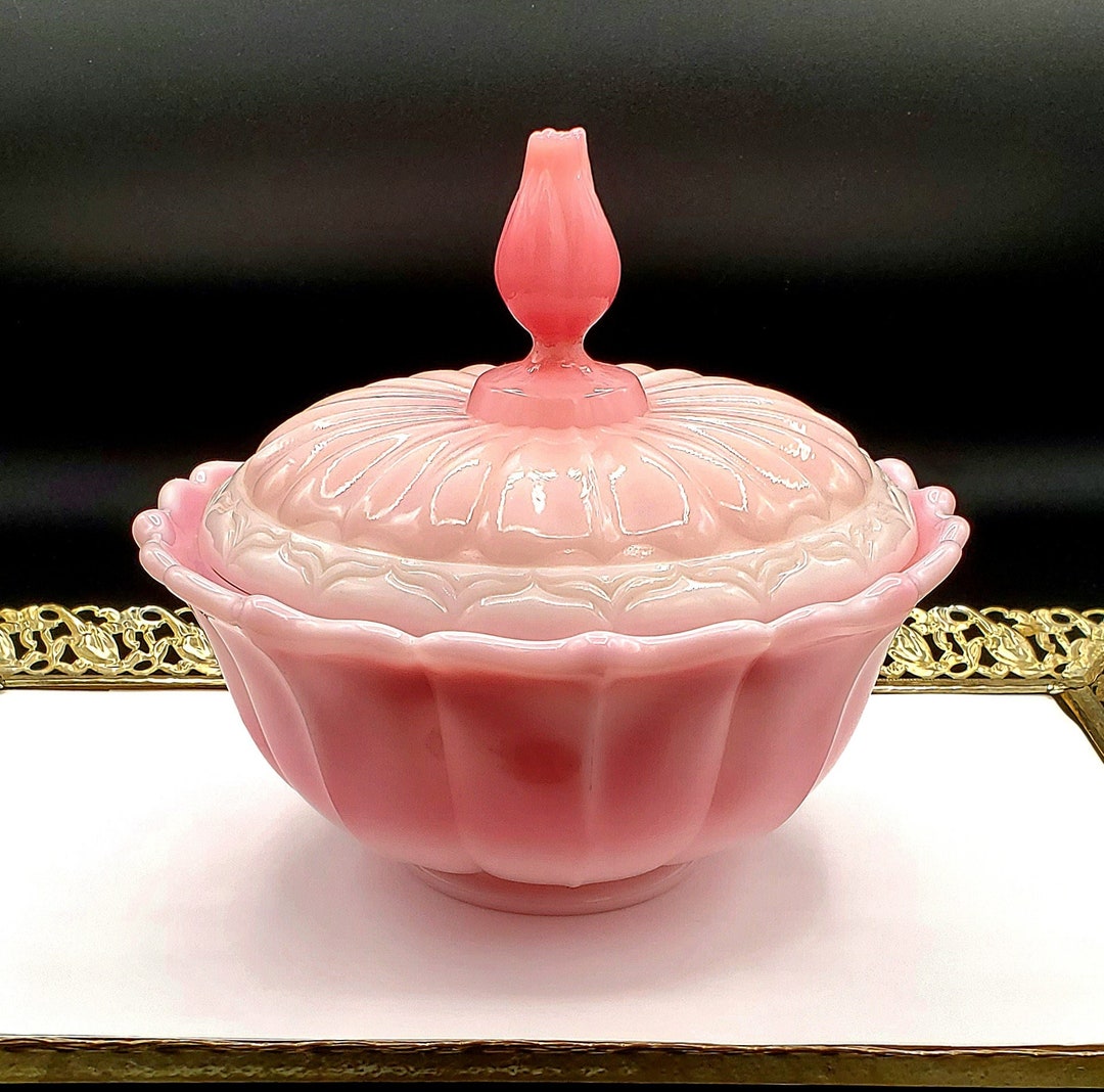 FENTON Glass Candy Dish Bright Pink Rosaline Embossed With Tulip Just Waiting to Open as Handled