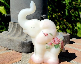 Fenton Perlized White Iridescent Elephant with hand painted roses signed by artist lucky trunk up mint!