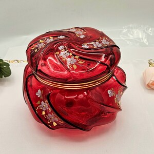 FENTON red puff box candy dish 795 out of 2000 limited edition signed by artist hand painted absolutely stunning wave lidded bowl mint image 2