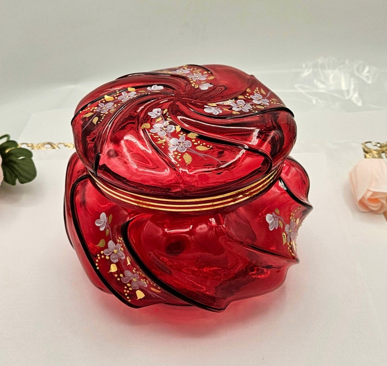 FENTON red puff box candy dish 795 out of 2000 limited edition signed by artist hand painted absolutely stunning wave lidded bowl mint image 2