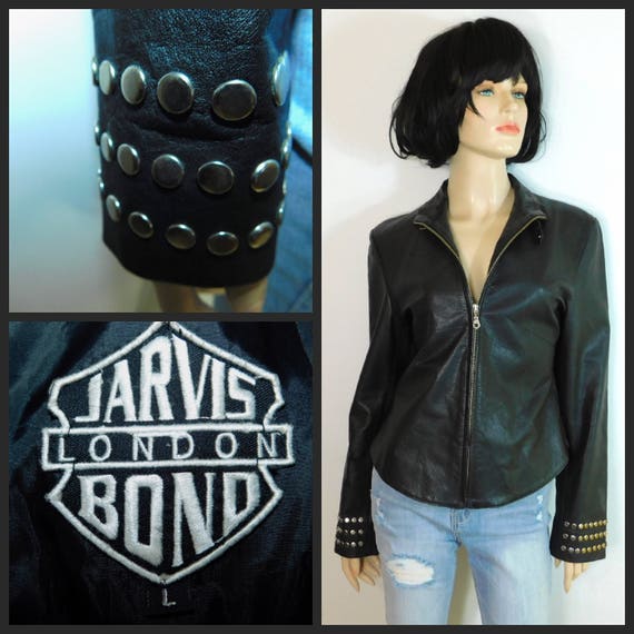 Vtg Designer Jarvis Bond London Studded Black Leather Jacket Made In England Us Womens Medium Large See Dimensions