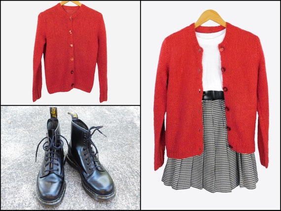 Vintage Red 60s Wool Mohair Hand Knitted Cardigan
