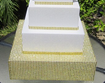 16" x 4" (40cm x 10cm) Square Wedding Cake Stand Riser Platform Silver Bling Sparkly Rhinestone Mesh on Sides and Top, Styrofoam - 14 colors