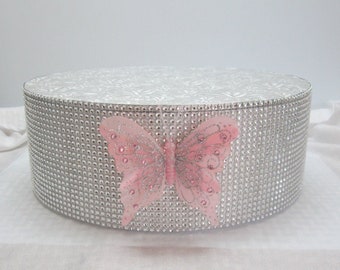 Soporte redondo para pasteles de mariposa de 16 ", malla de pedrería Bling, bautismo, baby shower, quinceañera, boda, tapa de tablero de pastel de papel de aluminio, espuma de poliestireno de 4 " de altura