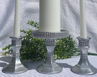 3 Piece Silver Unity Candleholder Set, Glass Painted with Silver Metallic Paint Rhinestone Mesh Accents, Wedding Centerpiece, Wedding Decor,