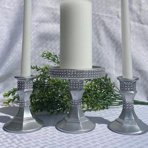 3 Piece Silver Unity Candleholder Set, Glass Painted with Silver Metallic Paint Rhinestone Mesh Accents, Wedding Centerpiece, Wedding Decor, image 1