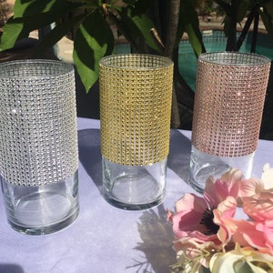 1 Glass Vase, Sparkling Rhinestone Mesh Vases, Wedding Table Centerpiece, Bouquet holder, Bling Wedding decor, 7.25&quot; tall x 3.5&quot; wide