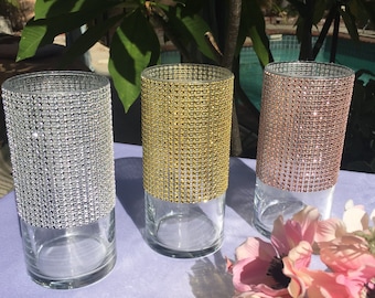 1 Glass Vase, Sparkling Rhinestone Mesh Vases, Wedding Table Centerpiece, Bouquet holder, Bling Wedding decor, 7.25" tall x 3.5" wide