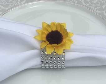 8 Sunflower Napkin Rings with Silver Sparkly Rhinestone Mesh, Wedding Napkin Rings, Bling Napkin Rings, Sunflower Wedding, Country Wedding