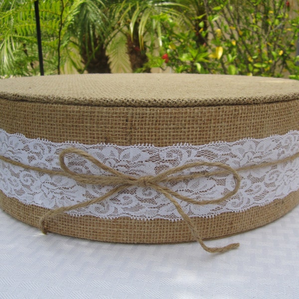 Wedding Cake Stand 16"x 4" ROUND or SQUARE Burlap & Lace White or Ivory Lace tied with a Jute Bow Table Decor Country Barn Wedding Styrofoam