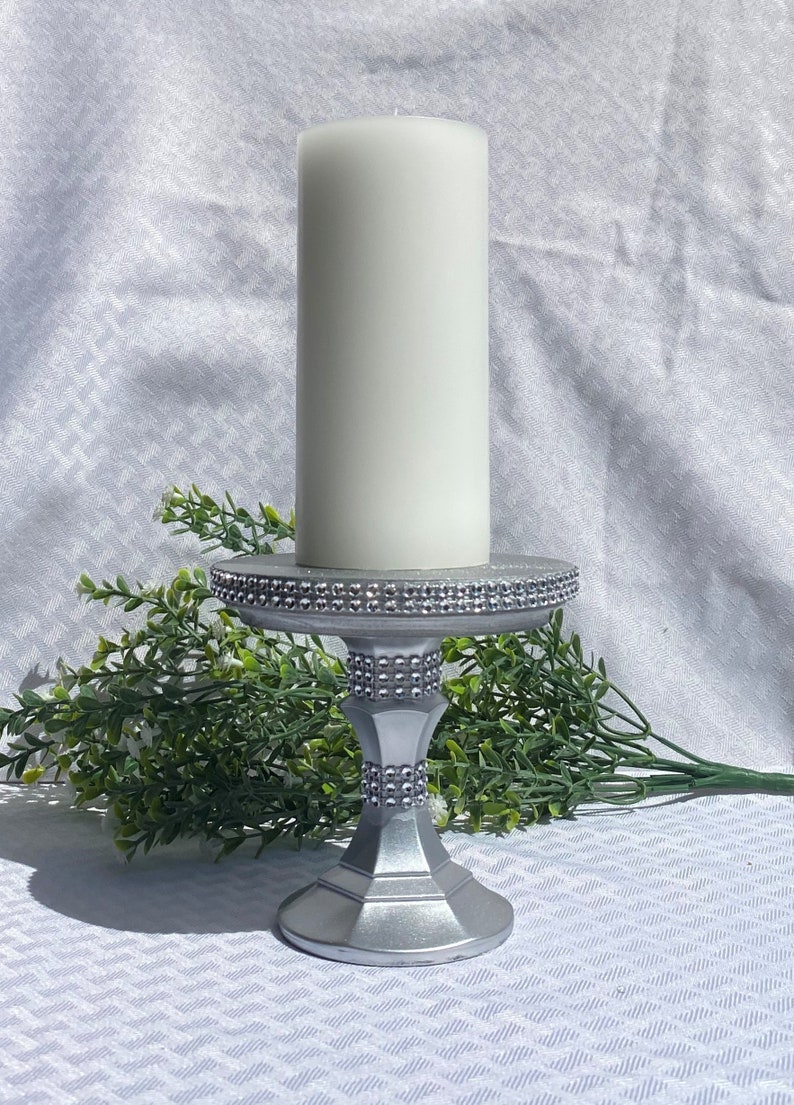 Silver Candleholder, Candy Jar Holder, Cookie Jar Holder, Flower Holder, Silver Metallic Paint with Sparkling Bling Rhinestone Mesh Accents image 1