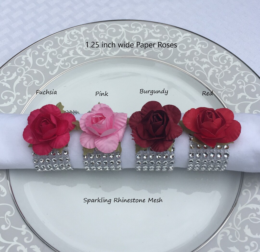 8 Rose Napkin Rings With Silver Sparky Rhinestone Mesh, Bling Napkin ...