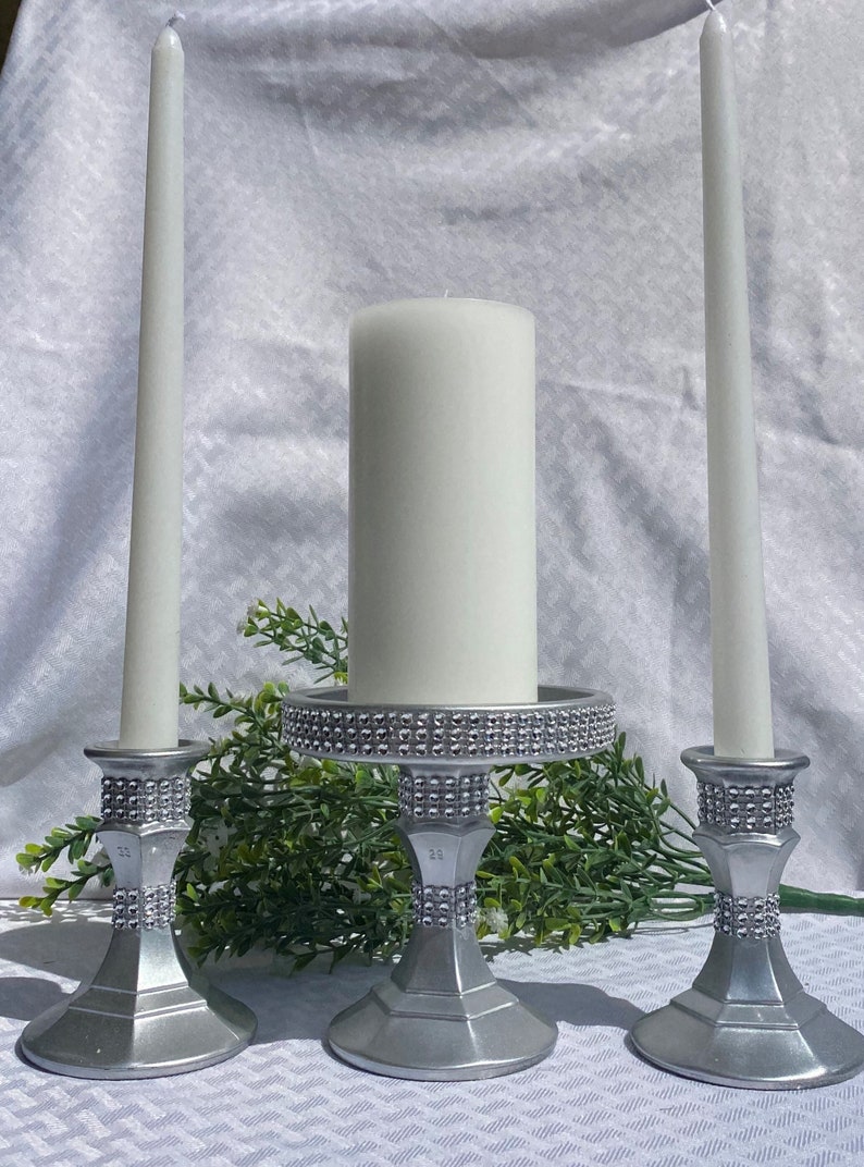 3 Piece Silver Unity Candleholder Set, Glass Painted with Silver Metallic Paint Rhinestone Mesh Accents, Wedding Centerpiece, Wedding Decor, image 1
