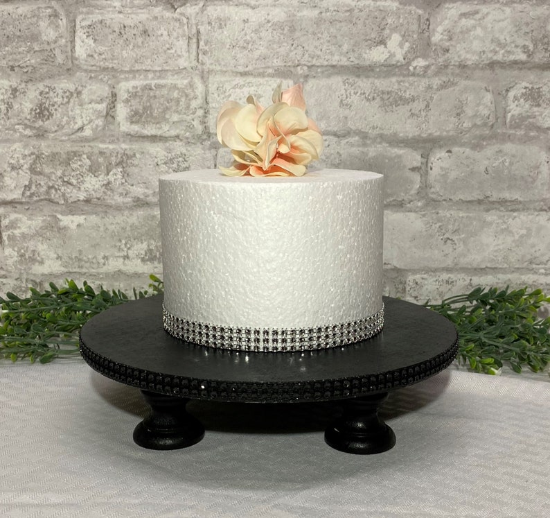 Wood Cake Stand 10 25cm Rhinestone Mesh Accents, Red, Black, Rose Gold Wedding Cake Stand, Rustic Wedding, Country Wedding, Hand Painted image 3
