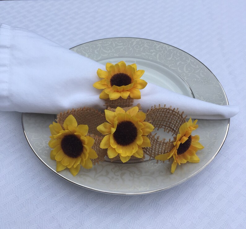 8 Sunflower Napkin Rings Attached to Natural Burlap Sunflower | Etsy