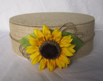 8"x 4" ROUND or SQUARE Sunflower and Burlap Wedding Cake Stand, Large Sunflower tied with Jute string, Country Barn Wedding, Styrofoam