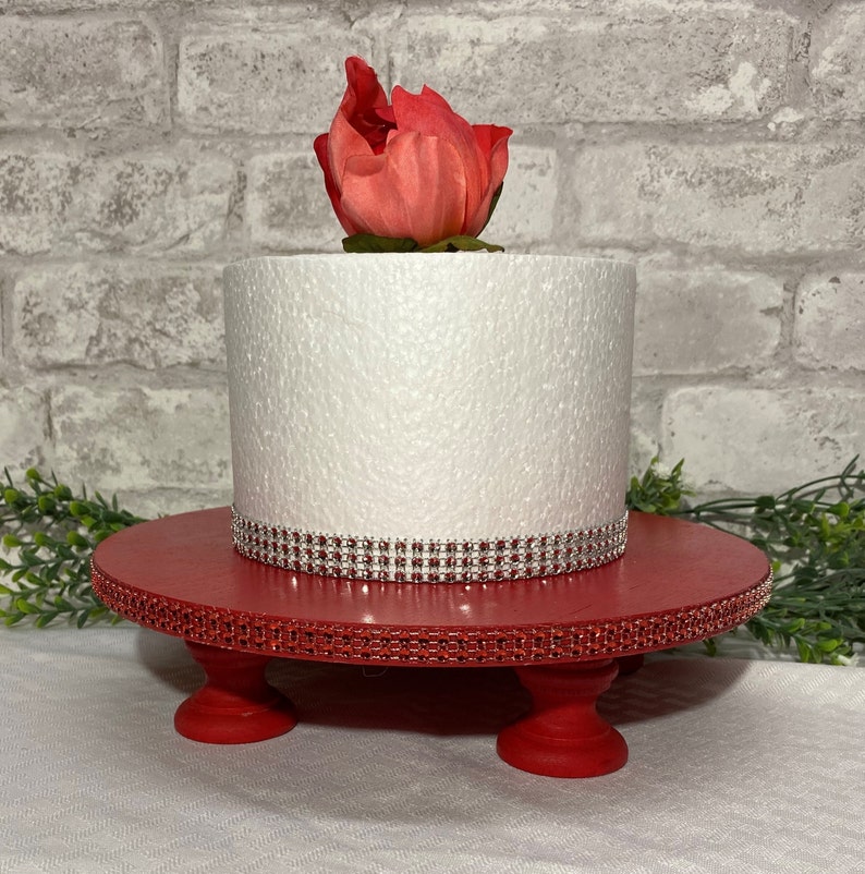 Wood Cake Stand 10 25cm Rhinestone Mesh Accents, Red, Black, Rose Gold Wedding Cake Stand, Rustic Wedding, Country Wedding, Hand Painted image 1