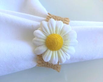 Burlap Daisy Napkin Rings, Rustic Country Wedding Set of 8