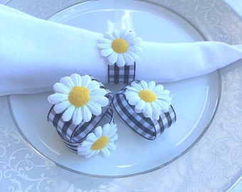Daisy Napkin Rings, Gingham Ribbon, Country Table Decor, Set of 8