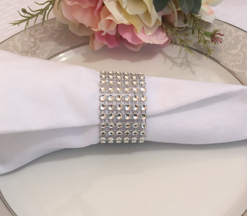 8 Napkin Rings Silver Rhinestone Mesh Napkin Rings Bling Etsy