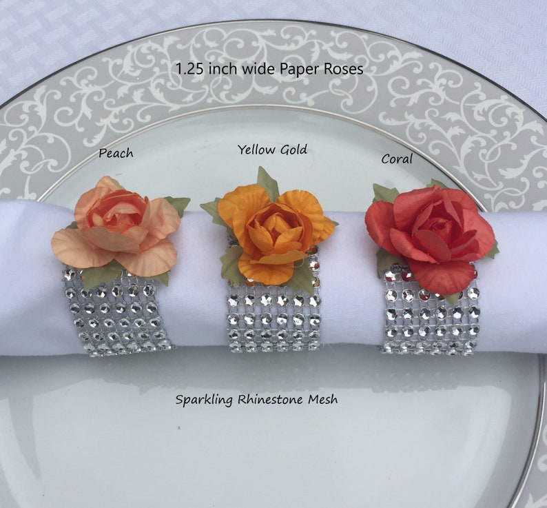 8 Rose Napkin Rings With Silver Sparky Rhinestone Mesh Bling Etsy