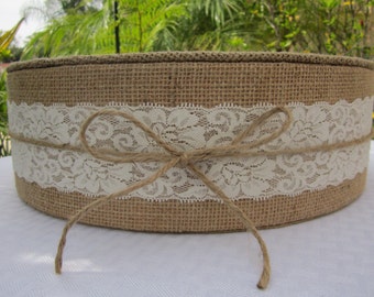 Wedding Cake Stand 22"x 4" ROUND Burlap & Lace White or Ivory Lace tied with a Jute Bow Table Decor Country Barn Wedding, Styrofoam