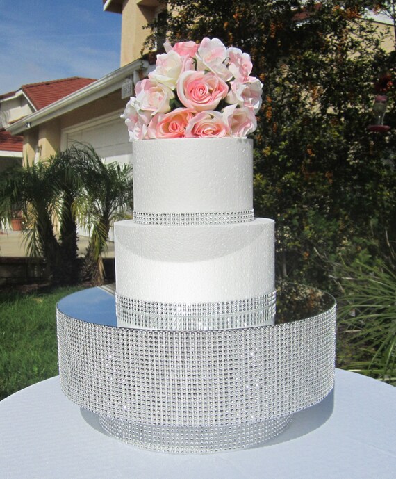 14 Round Mirror Wedding Cake Stand Pedestal Riser Platform Quinceanera Sweet 16 Silver Bling Rhinestone Mesh 6 Tall Styrofoam 12 Colors