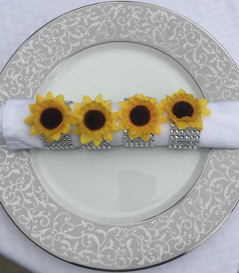 8 Sunflower Napkin Rings with Silver Sparkly Rhinestone Mesh Etsy