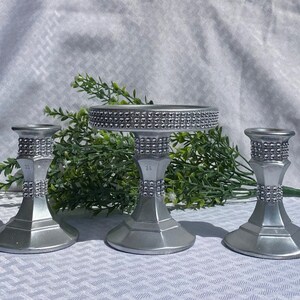 3 Piece Silver Unity Candleholder Set, Glass Painted with Silver Metallic Paint Rhinestone Mesh Accents, Wedding Centerpiece, Wedding Decor, image 2