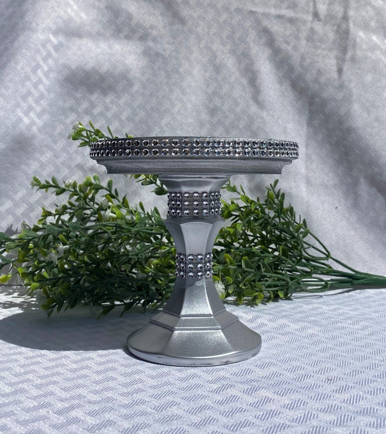 Silver Candleholder, Candy Jar Holder, Cookie Jar Holder, Flower Holder, Silver Metallic Paint with Sparkling Bling Rhinestone Mesh Accents image 4