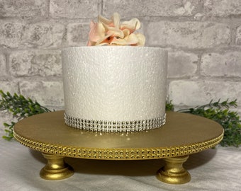 12" (30.5cm) Wood Cake Stand, Gold Rhinestone Mesh Accents, Gold Wedding Cake Stand, Rustic Wedding, Country Wedding, Gold Wedding Decor