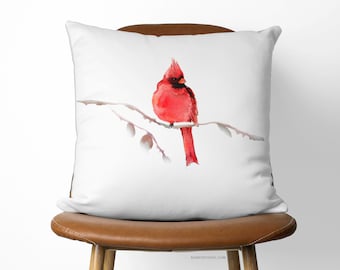 Red Cardinal Pillow Cover: Hand-Painted Watercolor Linen Blend