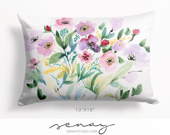 Pink Floral Pillow Cover: Watercolor Linen Blend (13x18)