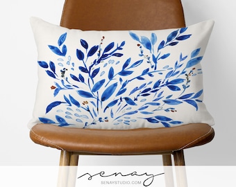 Blue Garden Watercolor Pillow Cover: Linen Blend Decorative Pillow (13"x18")